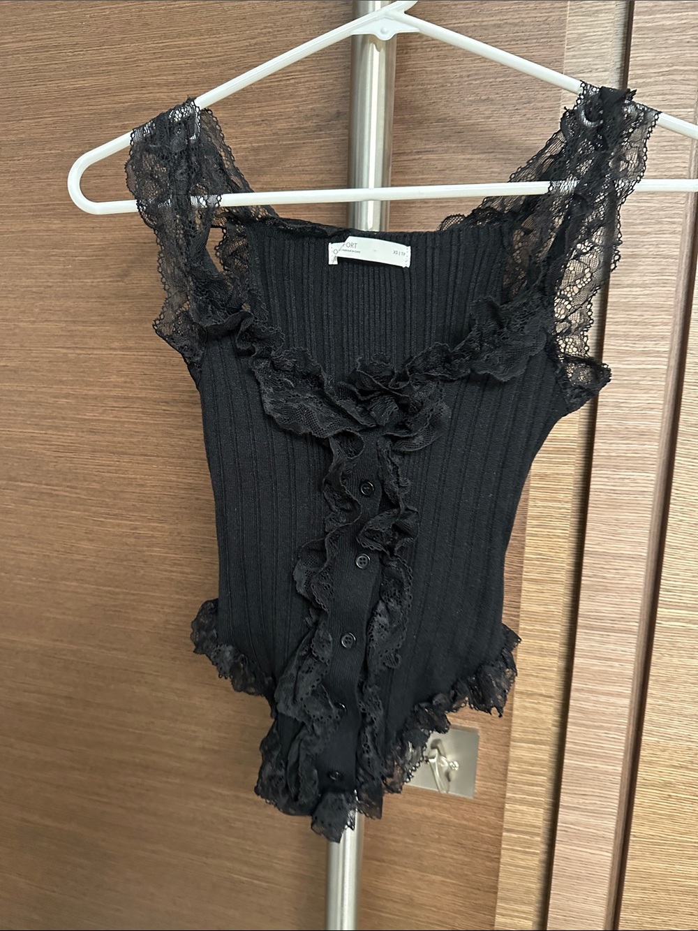 OAK + FORT Black Ribbed Lace-Trim Button-Front Bodysuit
